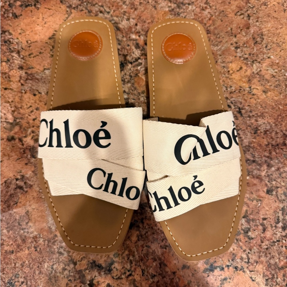 Chloe Tan and Cream Slide Sandals